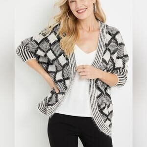 NWT Maurices Cardigan Womens M Black White Checkered Eyelash Knit Cozy Classic